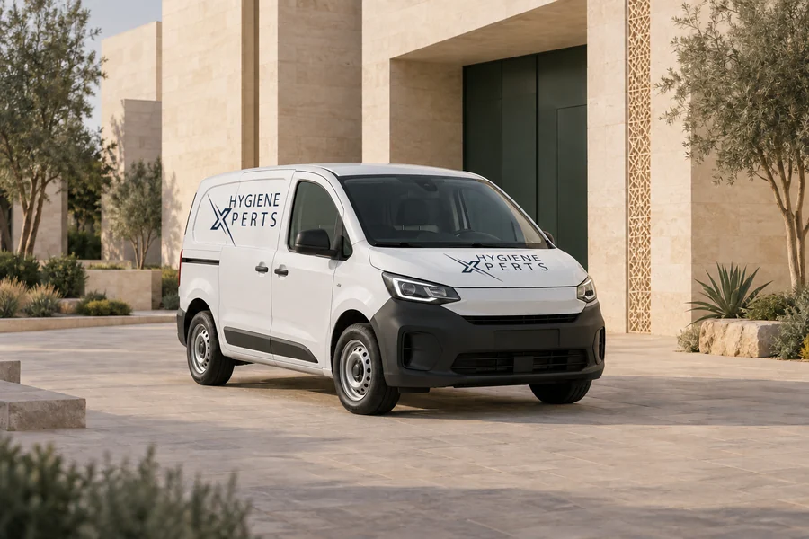White delivery van with the HygieneXperts logo outside a limestone building